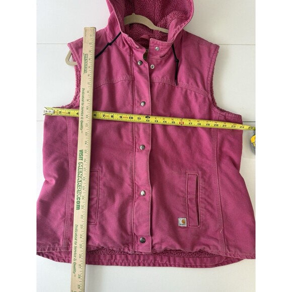 Carhartt Jacket Womens XL Pink Sherpa Canvas Work Barn Chore Coat hood Vest - Picture 3 of 14